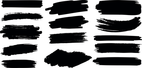Black brush strokes vector illustration, abstract grunge texture on white background. Artistic design element, paint smear, ink splatter, creative graphic element. - obrazy, fototapety, plakaty