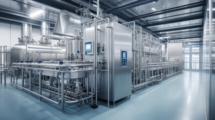 Equipment dairy plant, milk factory industry. Stainless steel storage and processing tanks.