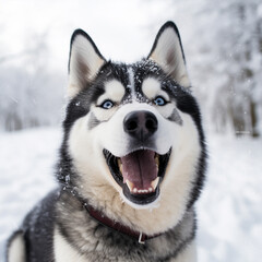 Fototapeta premium Happy Siberian husky outdoors on winter day, ai technology
