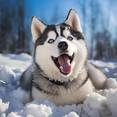 Naklejka premium Happy Siberian husky outdoors on winter day, ai technology