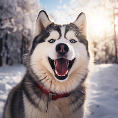 Fototapeta premium Happy Siberian husky outdoors on winter day, ai technology