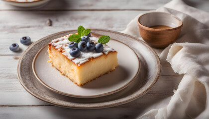 Delicious piece of a cake with blueberries and fresh cream in the white plate.