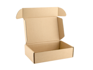 empty open beige cardboard box isolated on transparent, parcel box mock up