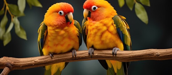 Two splendid sun conure birds