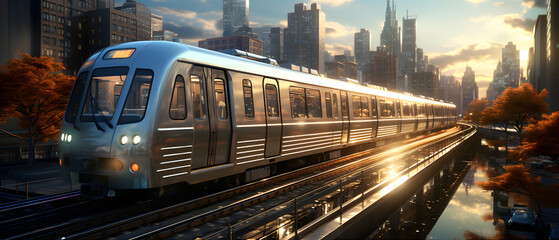 Naklejka premium Railway Transport Running Through The City. Illustration On The Theme Of Railways, Transport, Infrastructure And Travel. Generative AI