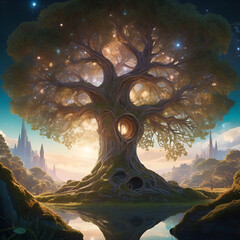 Fototapeta na wymiar landscape with moon. A beautiful landscape illustration with a tree.