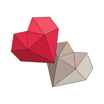 Vector illustration set of polyhedron beige and red hearts with spiked structure. Image for postcard or sweets or gift box for Mothers day