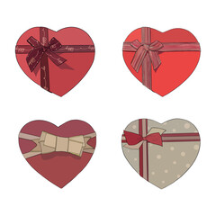 Vector illustration set of nice red and beige heart giftboxes with ribbons and bows. Image for postcard or sweets or gift box for New Year or Christmas