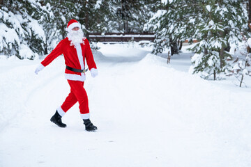 Santa Claus is stands on a snowy fairy-tale road outdoor in winter with pine trees. Celebrating...