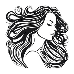 Silhouette of a woman with long flowing hair, with isolated background.