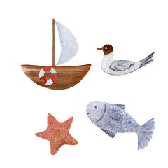 Watercolor wooden sailboat fish seagull set