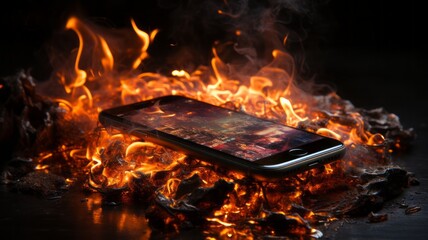 Burning cell phone. Mobile phone on fire. Burning smartphone. - obrazy, fototapety, plakaty