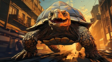Illustration of a turtle running on the street through a city