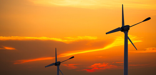 Wind Mill Turbine Power Energy Generator Farm Electric on Sunset Renewable Sustainable Environment...