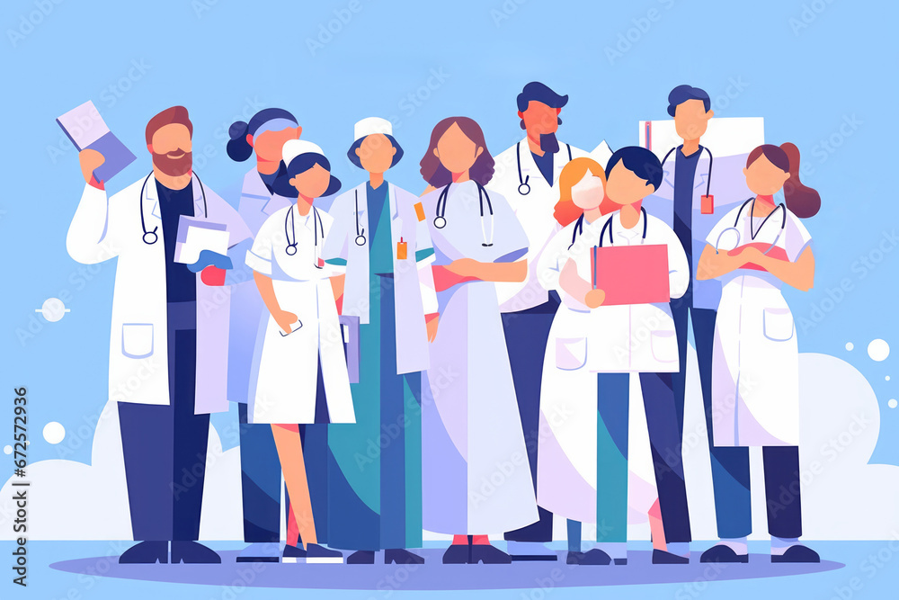 Wall mural Healthcare workers stood together as a team. Doctor and nurse group illustration