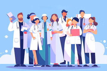 Healthcare workers stood together as a team. Doctor and nurse group illustration - obrazy, fototapety, plakaty