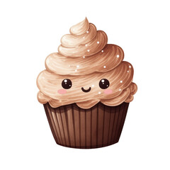 Watercolor Cute Cupcake. Cupcake Character Clipart. Cute Cupcake Sticker.