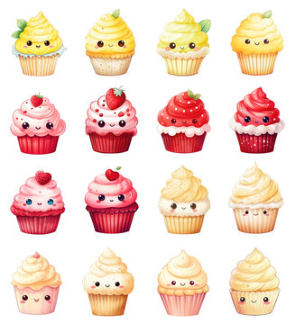 Watercolor Cute Cupcake Set. Set of Cupcake Clipart. Cute Cupcake Sticker.