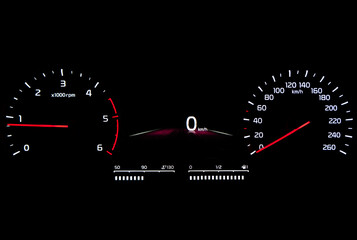 Fototapeta premium Close up shot of speedometer in car. Car dashboard. Dashboard details with indication lamps.Car instrument panel. Dashboard with speedometer.