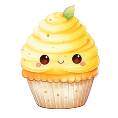 Watercolor Cute Cupcake. Cupcake Character Clipart. Cute Cupcake Sticker.