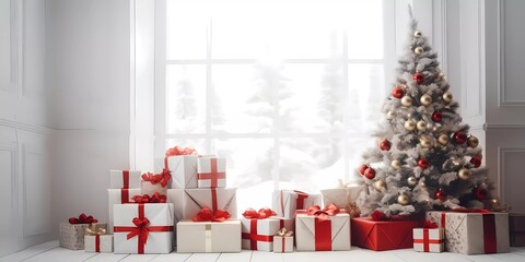 A pleasant living area with a chrismas decorations, a Christmas tree that has been decorated, and a variety of holiday accents, red and white colors