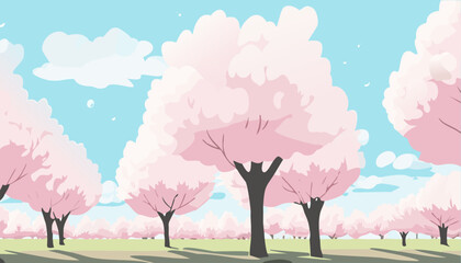 春の青空と満開の桜並木の風景