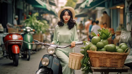 Deurstickers vintage asian girl with scooter at market wearing pale green ao dai © JKLoma