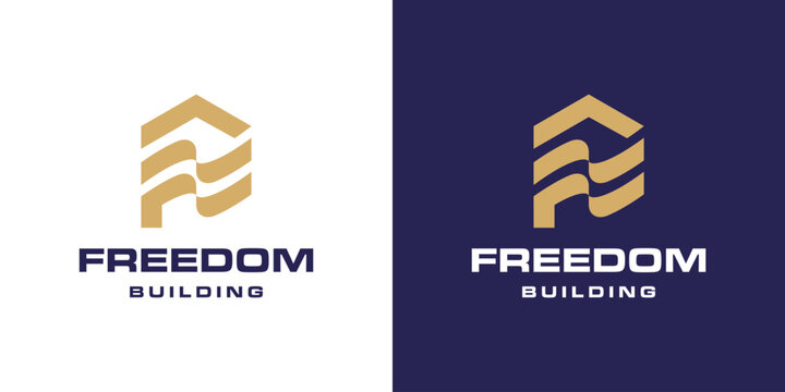 Freedom Building Logo Simple. Home Roof Shape with Flag Fluttering Waving Shape.
