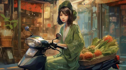 Schilderijen op glas vintage asian girl with scooter at market wearing pale green ao dai © JKLoma