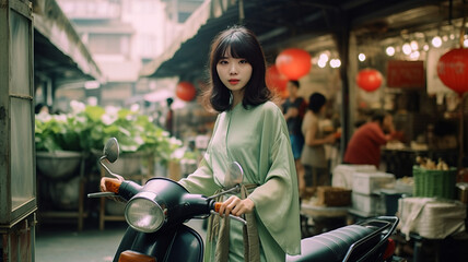 vintage asian girl with scooter at market wearing pale green ao dai