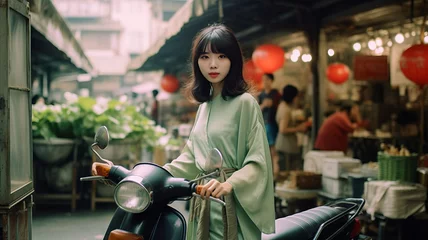 Tuinposter vintage asian girl with scooter at market wearing pale green ao dai © JKLoma
