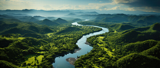 An aerial view unveils the awe-inspiring Amazon Rainforest, a vast emerald tapestry that stretches beyond the horizon. - obrazy, fototapety, plakaty