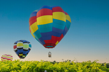 Fototapeta na wymiar Colorful hot air balloons flying over green tree on blue sky background in nation park.Hot air balloon festival travel concept.