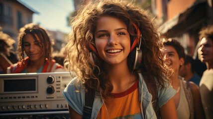 90s teens dance with boombox in the city. generative ai