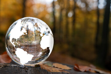 Focus on taking care of nature shown with a glass ball with a globus World map reflected  inside and outside the ball. A room with nature in the nature to protect nature.