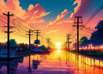 Electricity Pylon at Sunset Reflected in Water with Generative AI - obrazy, fototapety, plakaty