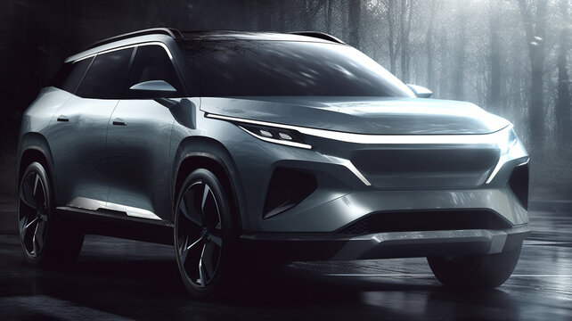 A chinese EV SUV sketch render, features clean front facial and silver body color ,generative ai