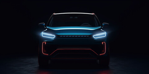 A mid sized blue tone electric city SUV that has red led running through the center line, generative ai