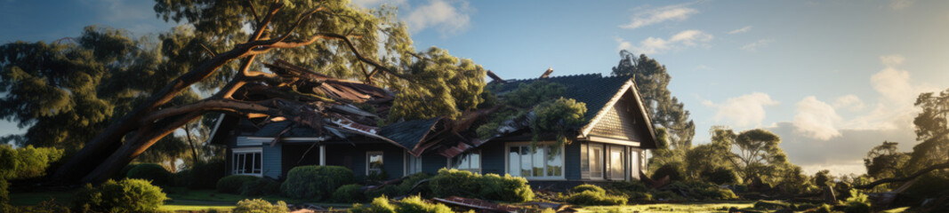 A fallen tree on a house roof post-hurricane serves as a reminder of the invaluable protection provided by property insurance. - obrazy, fototapety, plakaty