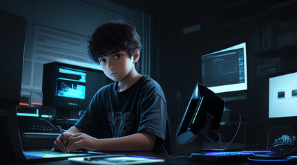 A boy sitting front of his computer