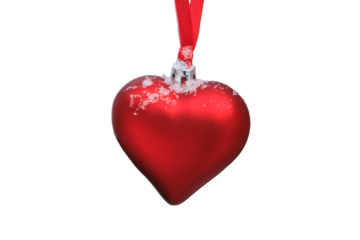 Christmas decorations in the form of red heart-shaped baubles hang on a snow-covered Christmas tree, isolated on a white background
