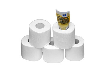 The concept of the cost in euro money for finished toilet paper, isolated on a white background
