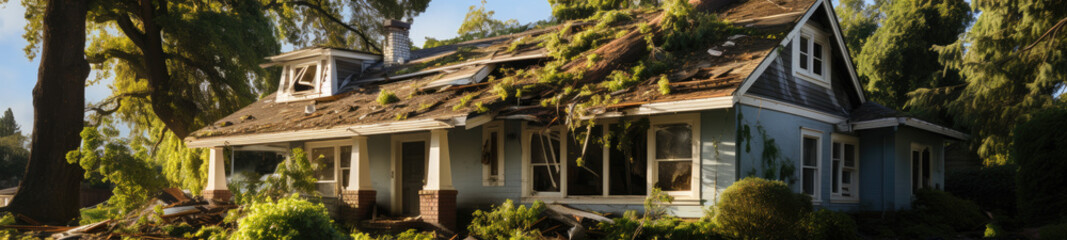 A fallen tree on a house roof post-hurricane serves as a reminder of the invaluable protection provided by property insurance. - obrazy, fototapety, plakaty