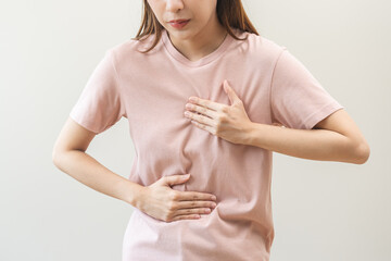 Acid reflux disease, suffer asian young woman have symptom gastroesophageal, esophageal, stomach...