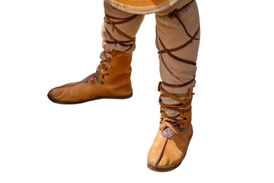 Feet in shoes of the ancient Roman war, soldiers in historical boots on the reconstruction of events, isolated on white background.