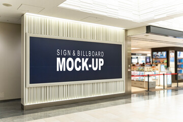 Sign and Billboard Mockup at duty free shop in departure terminal - 672576922