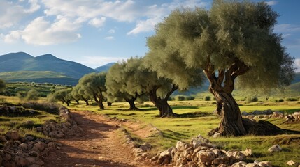 Traditional plantation of olive trees. Generative AI