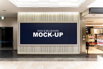 Sign and Billboard Mockup at duty free shop in departure terminal - 672576937