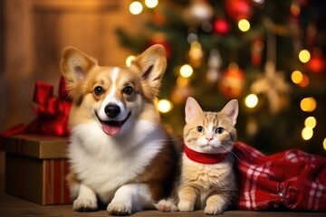 Fototapeta na wymiar Cat and dog near the Christmas tree. Generative AI