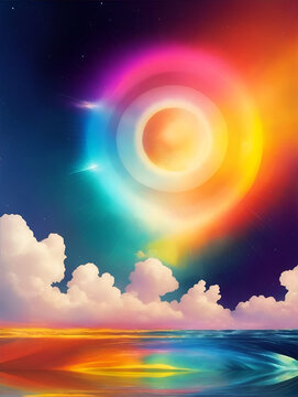 Inner Spectrum. This image depicts a colorful circle floating in the sky. The circle is made up of a variety of colors